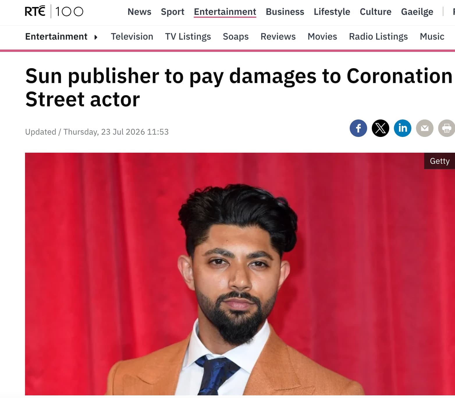 RTE report: Sun publisher to pay damages to Coronation Street actor