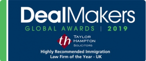 This is a logo award stamp Deal Maker Global Awards 2019 - Taylor Hampton Highly Recommended Immigration Law Firm of the Year - UK